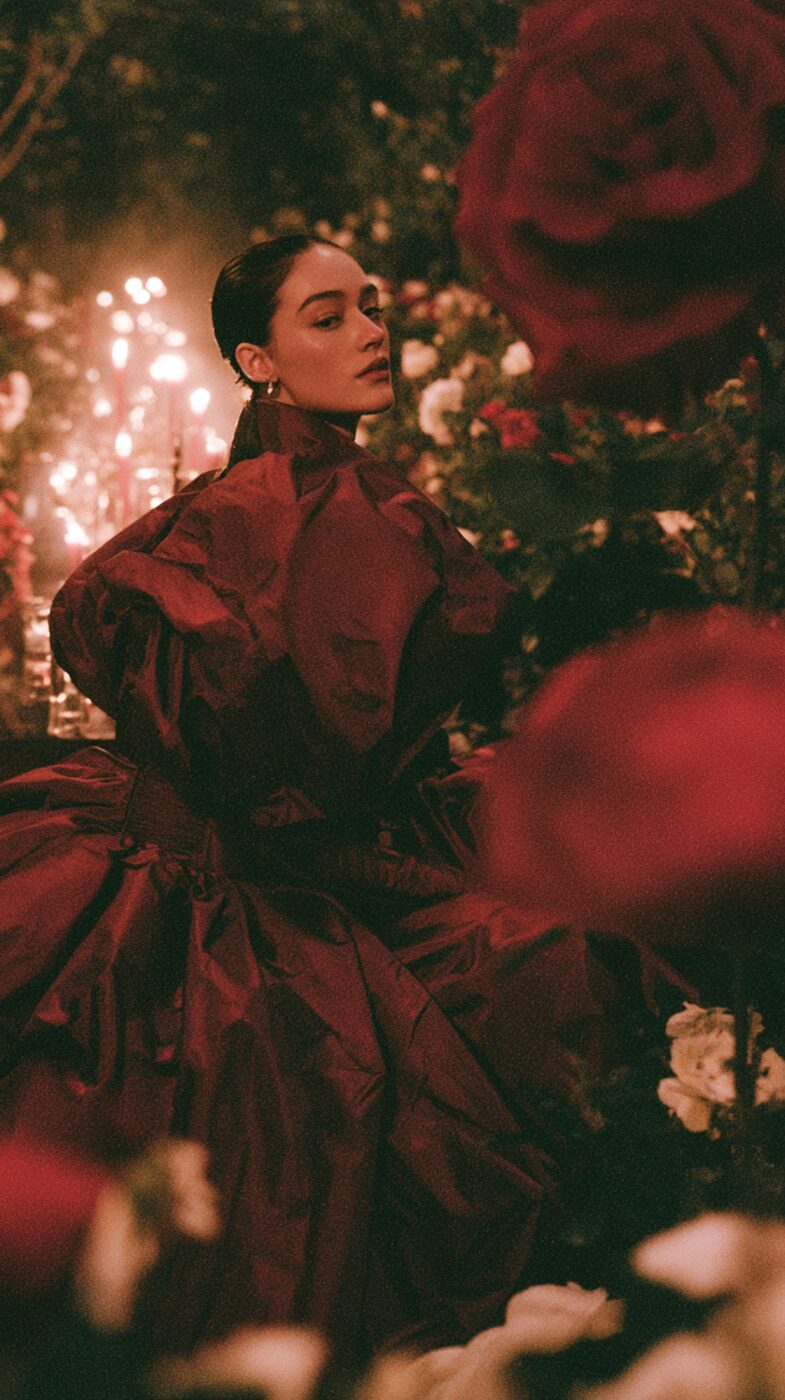 Sculptural burgundy gown among crimson roses