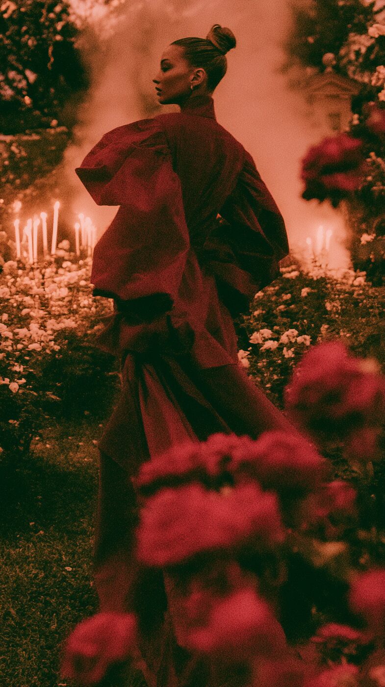 Dark structured gown in the rose garden