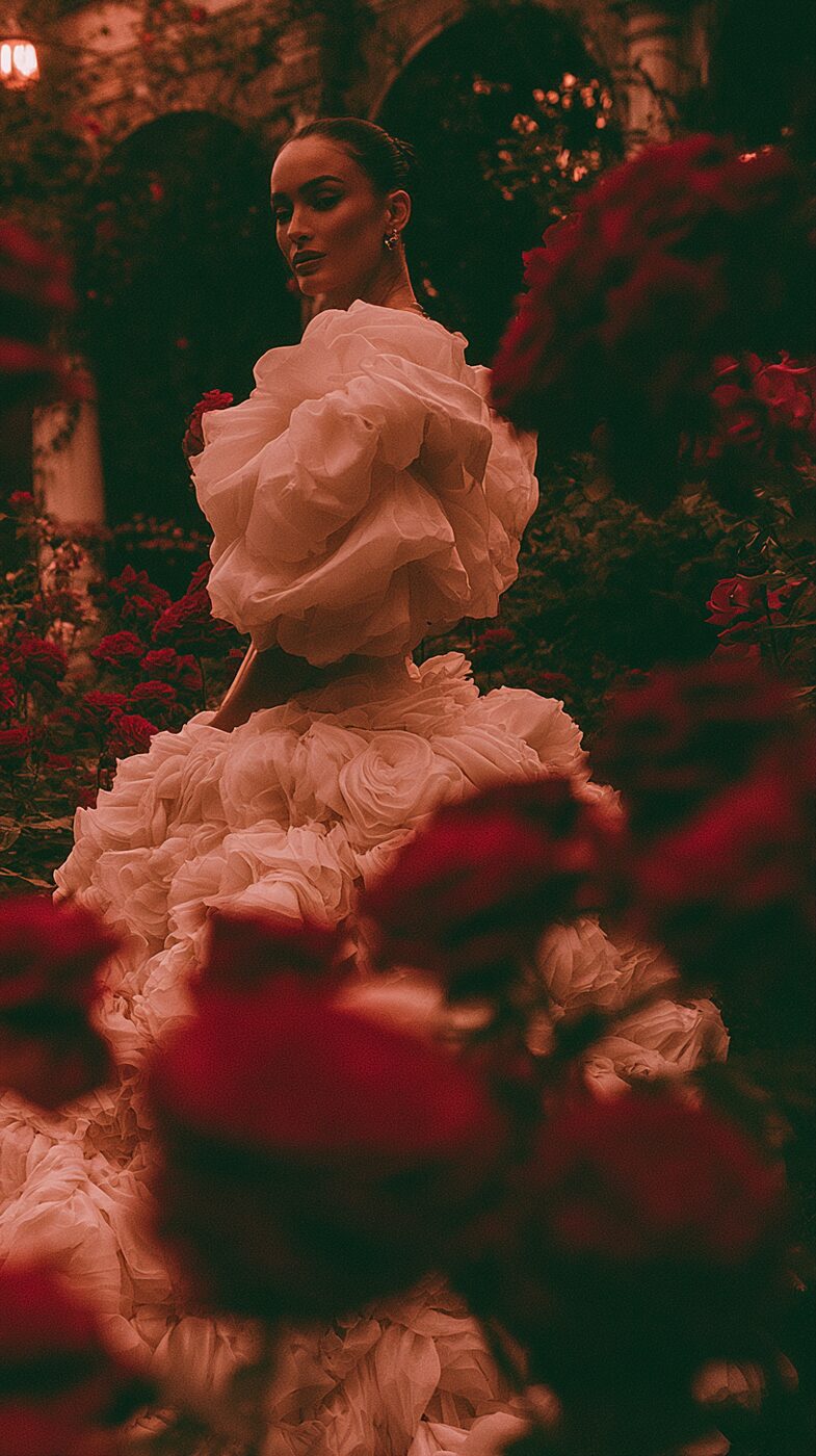 Ivory couture look in the candlelit garden