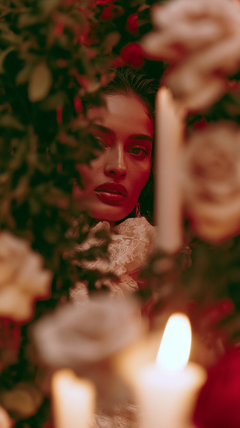 Portrait among white roses and candlelight