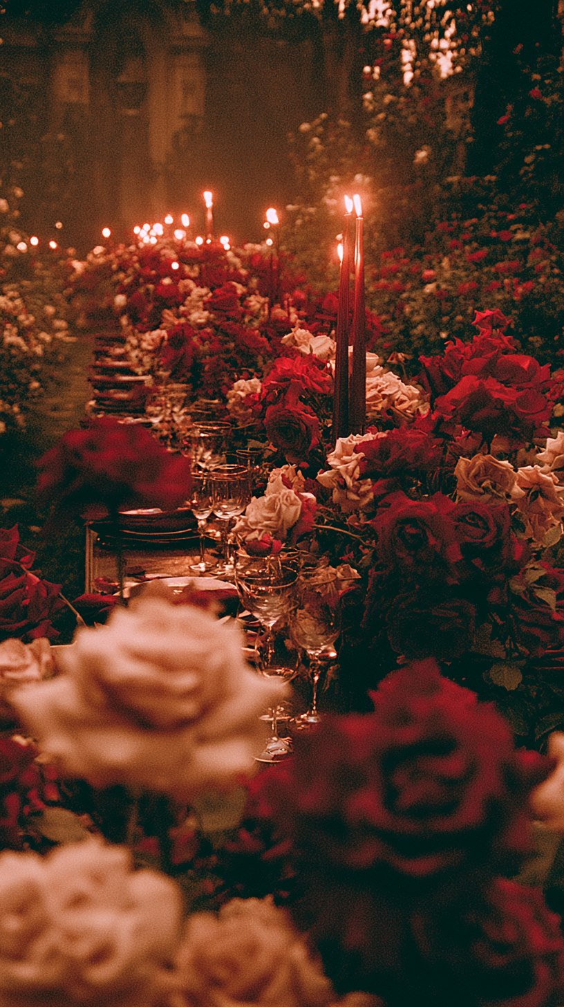 A candlelit garden table surrounded by roses