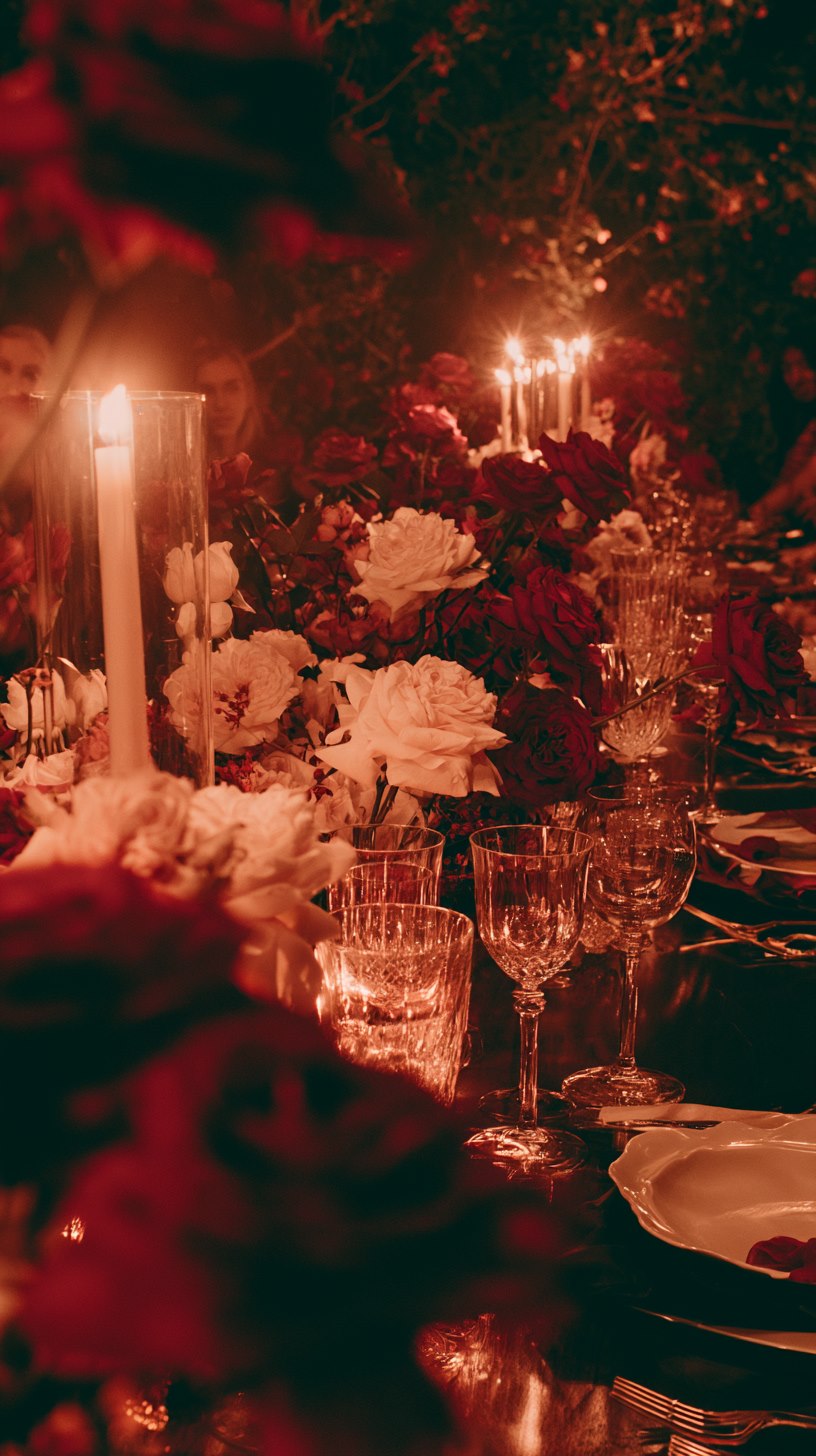 The long table of the RUBEDO world with candles, flowers and glass